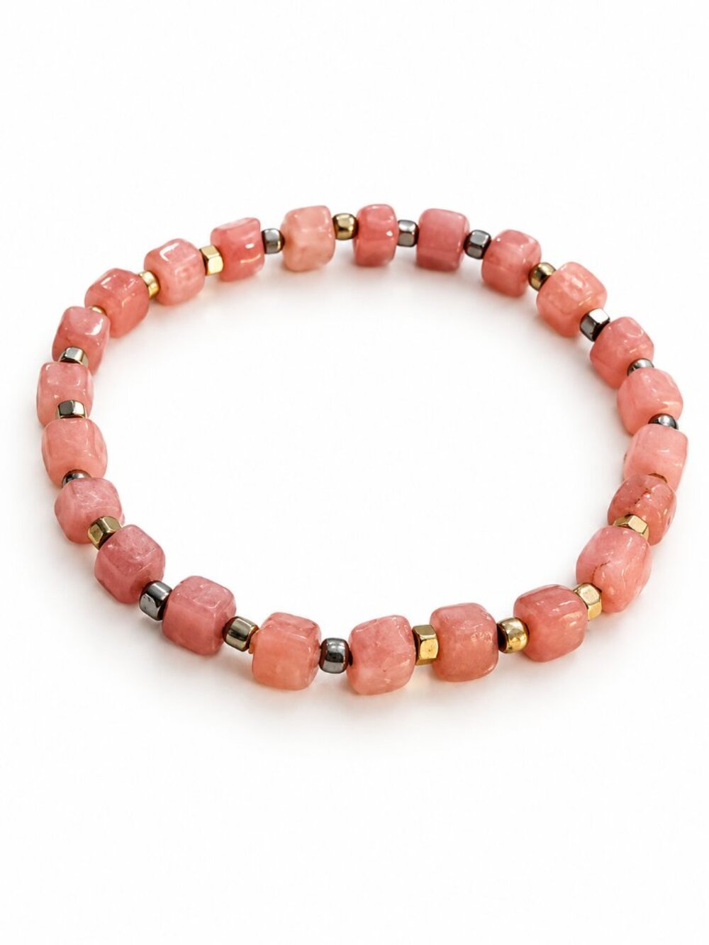 Rose Quartz Nugget Bead Stretch Bracelet Mixed Metal Accents